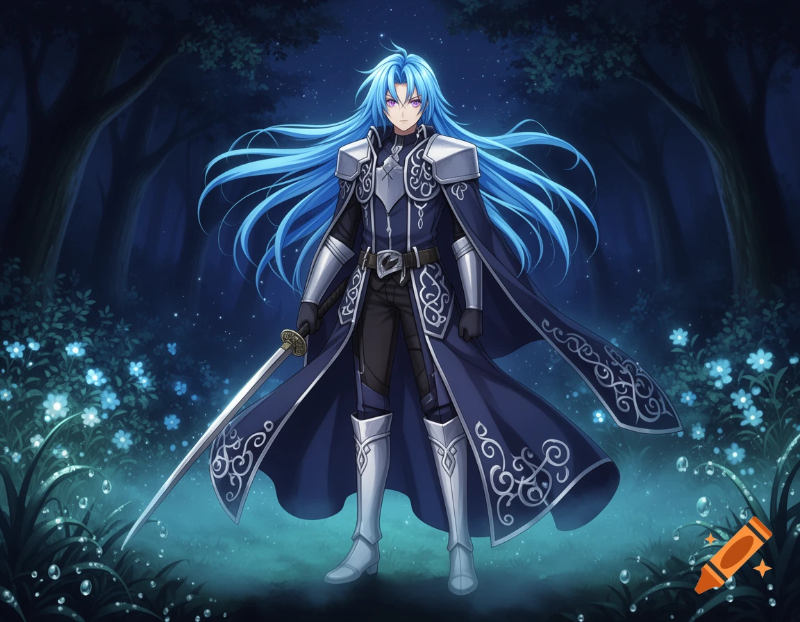 Anime male character with long blue hair, purple eyes, and armor in a dark forest with glowing blue flowers, holding a sword.
