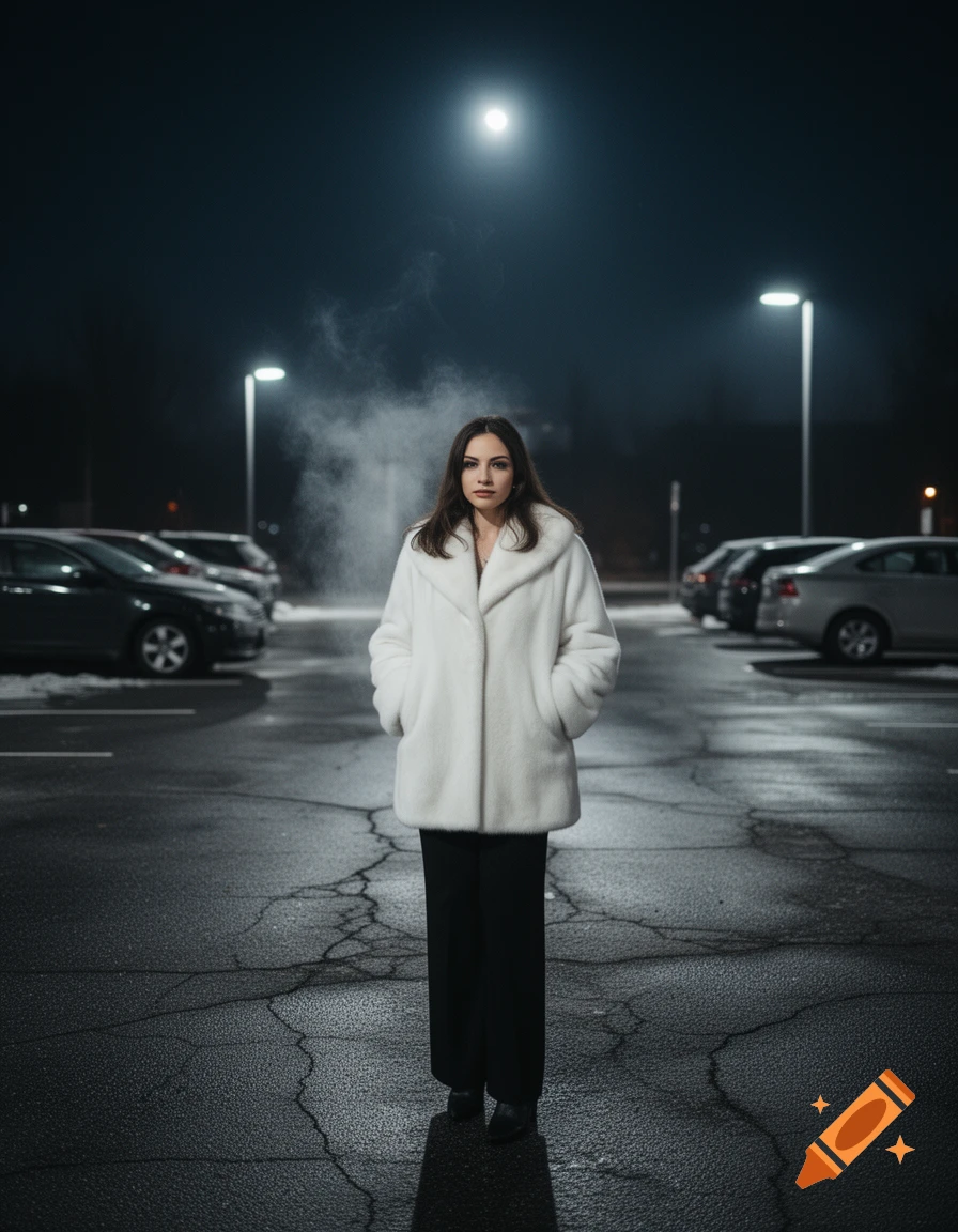 A woman in a white fur coat stands in a wet parking lot at night under a street light, with cars in the background.