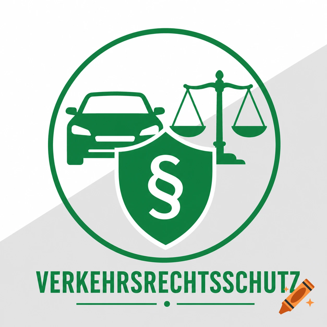 Green icon for traffic legal protection with a car, shield with paragraph symbol, and scales of justice in a circle.