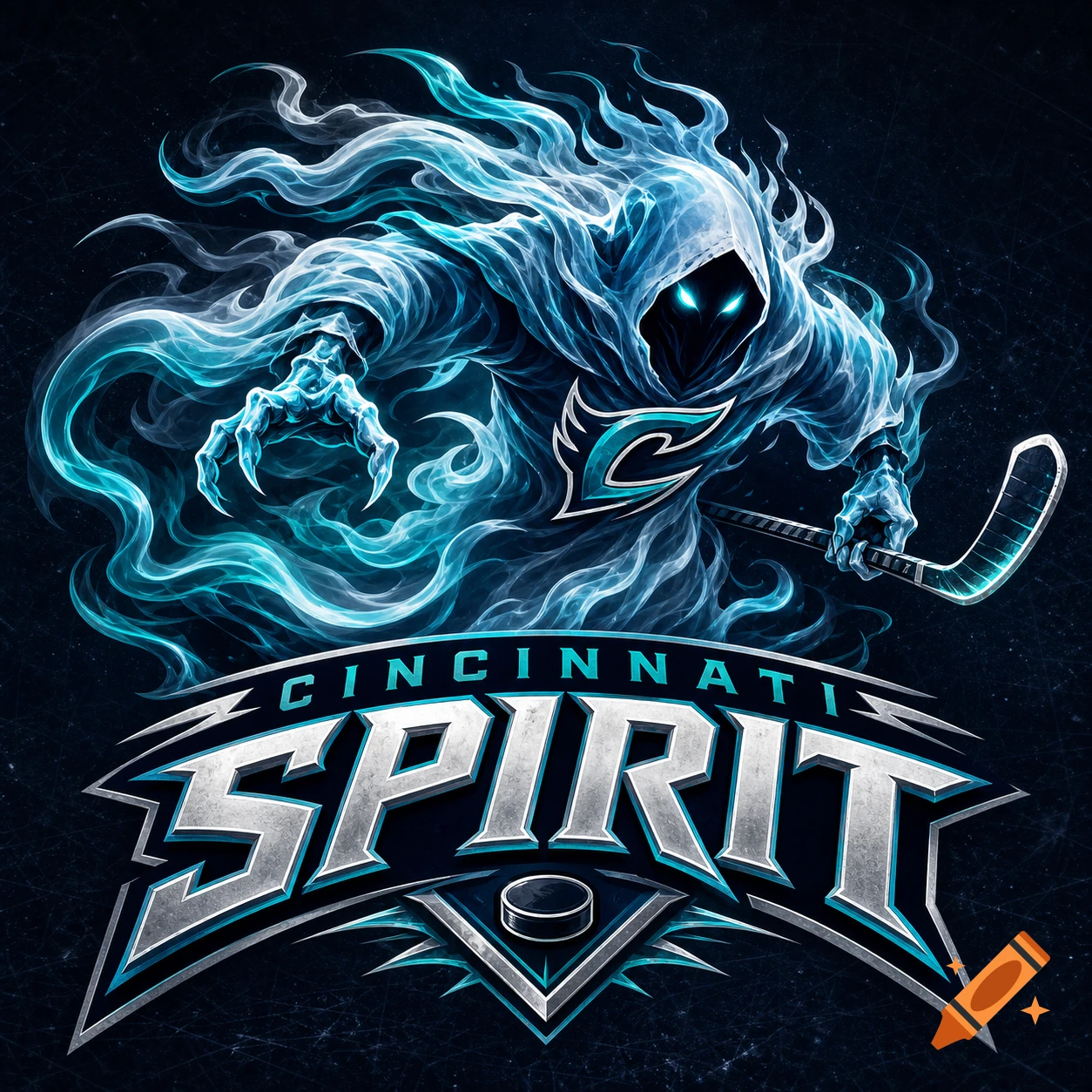 A logo for the Cincinnati Spirit hockey team, featuring a glowing blue spectral figure holding a hockey stick above the team name.