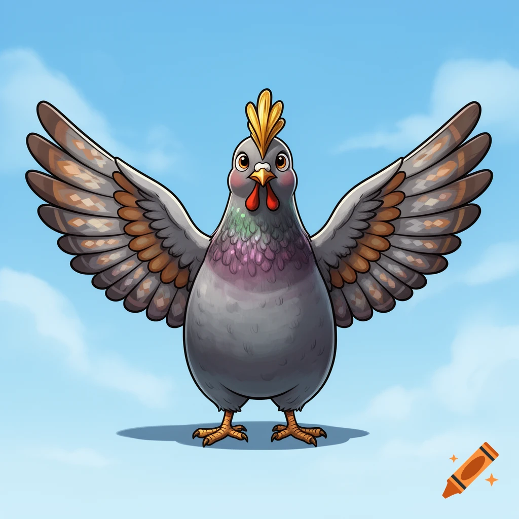 A cartoon pigeon and chicken hybrid with a golden comb and red wattles, standing with its wings spread against a blue sky.