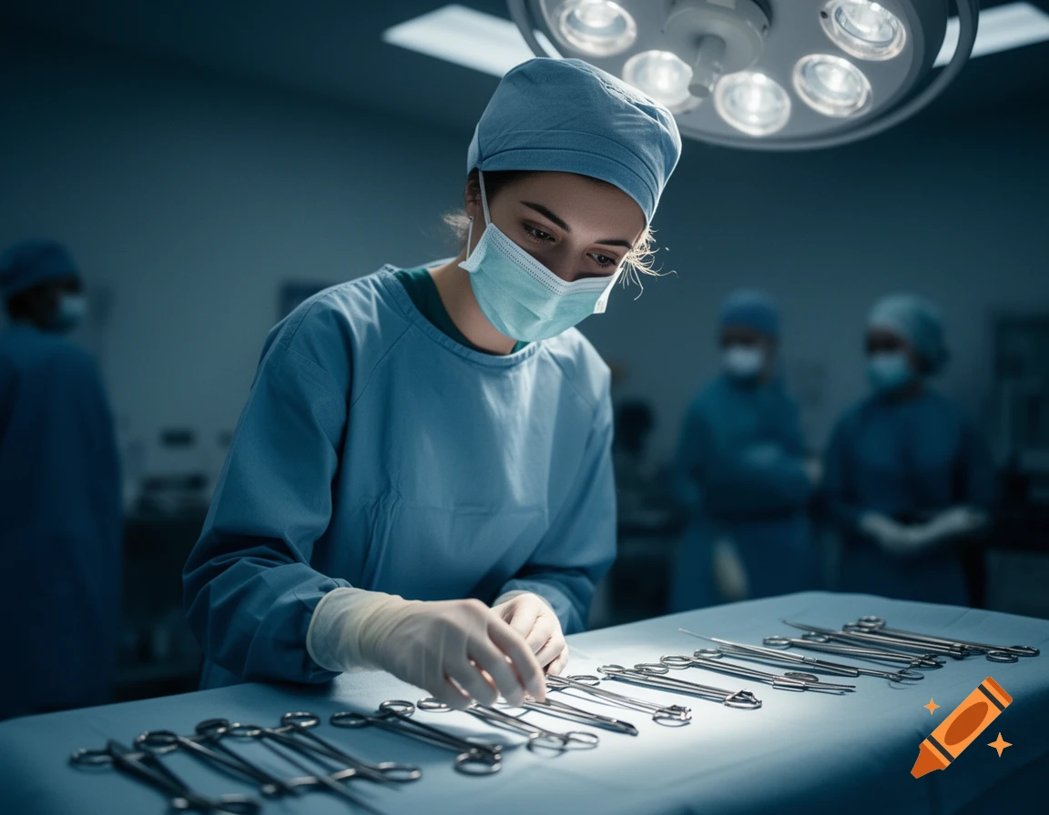 A concentrated female surgeon in scrubs, cap, and mask arranges medical instruments on an operating table in a sterile operating room.