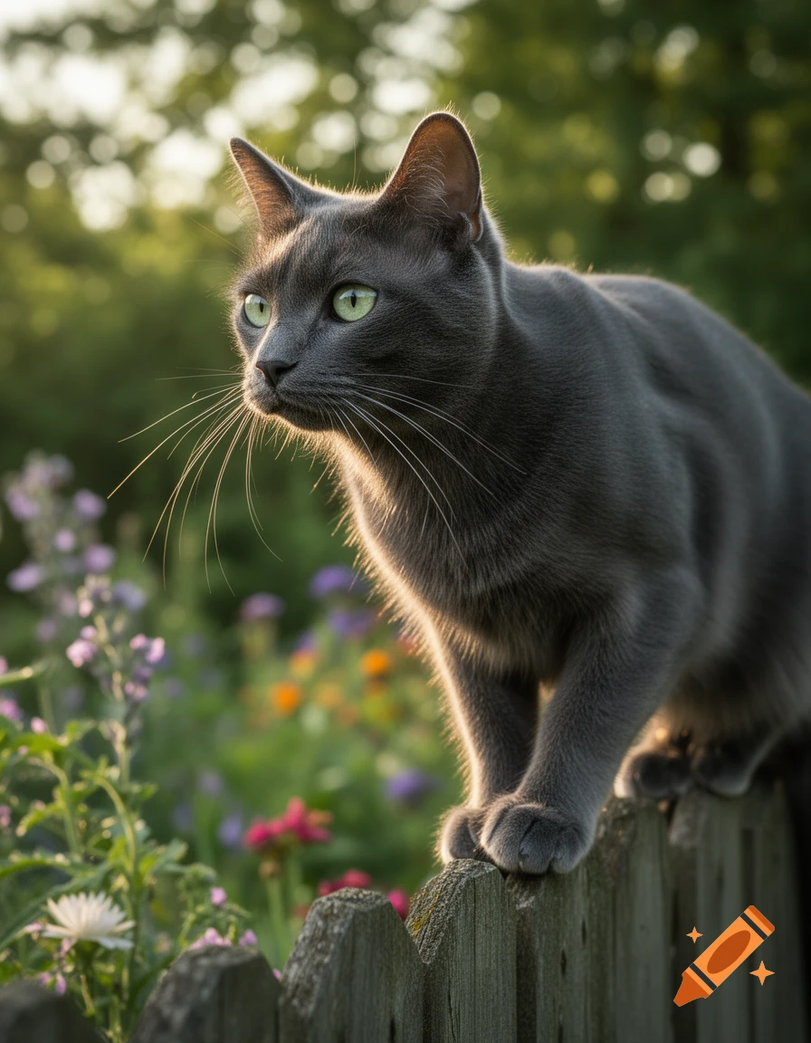 A photorealistic image of a gray cat with bright green eyes, perched on a weathered wooden fence in a sunny garden.
