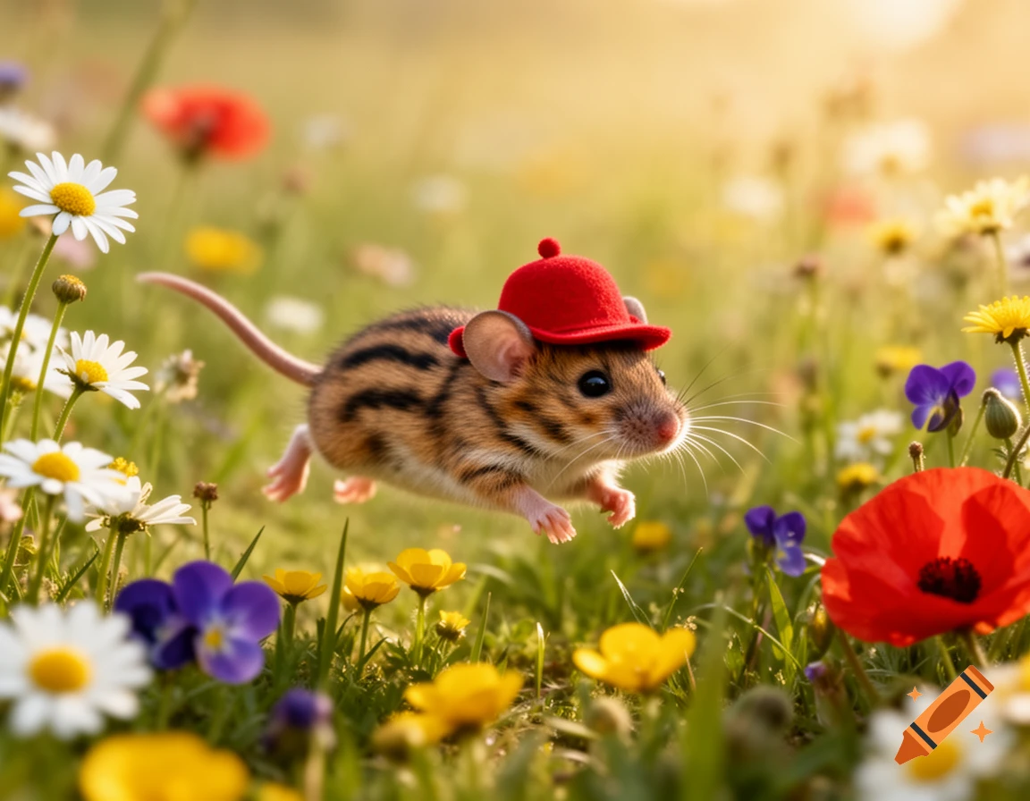 A cute striped mouse wearing a small red hat runs through a vibrant field of wildflowers, bathed in sunlight.