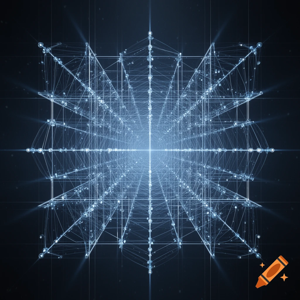 Abstract glowing blue grid of interconnected lines and nodes forming a recursive cube-like structure in a dark space.