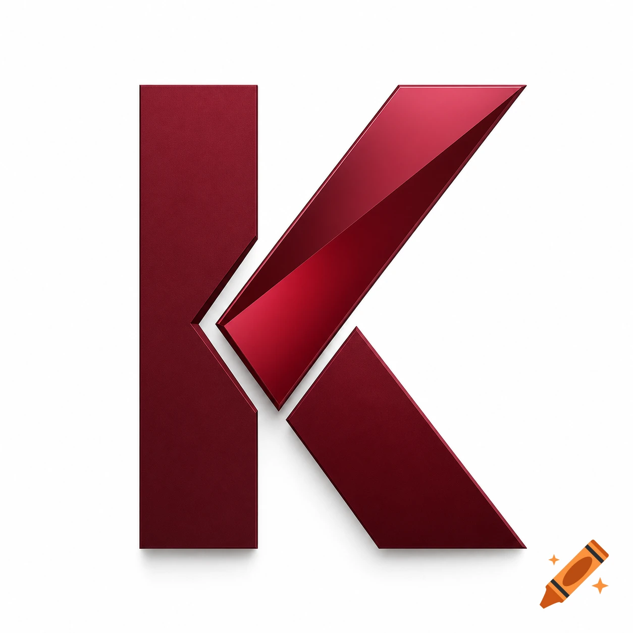 A stylized, geometric letter K in dark red and maroon with reflective facets and a matte texture, casting a shadow on a white background.