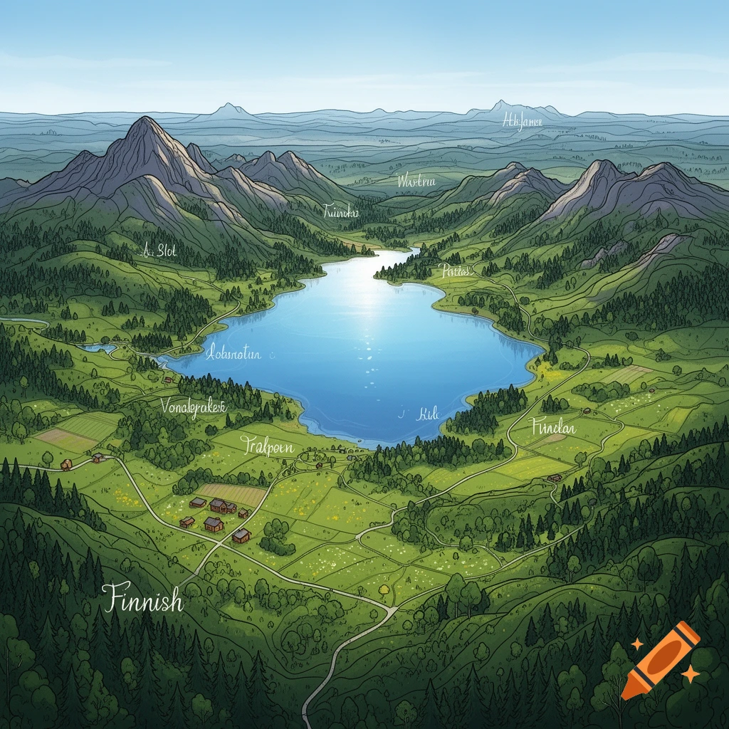 An illustrated topological map of a fictional Finnish landscape featuring a large lake surrounded by green valleys, forests, small villages, and mountains under a blue sky. Place names are labeled across the terrain.