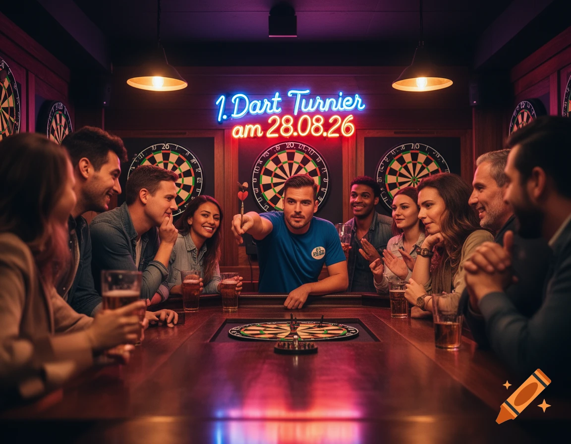 A group of people gathered around a table in a dimly lit bar, watching a man holding a dart.