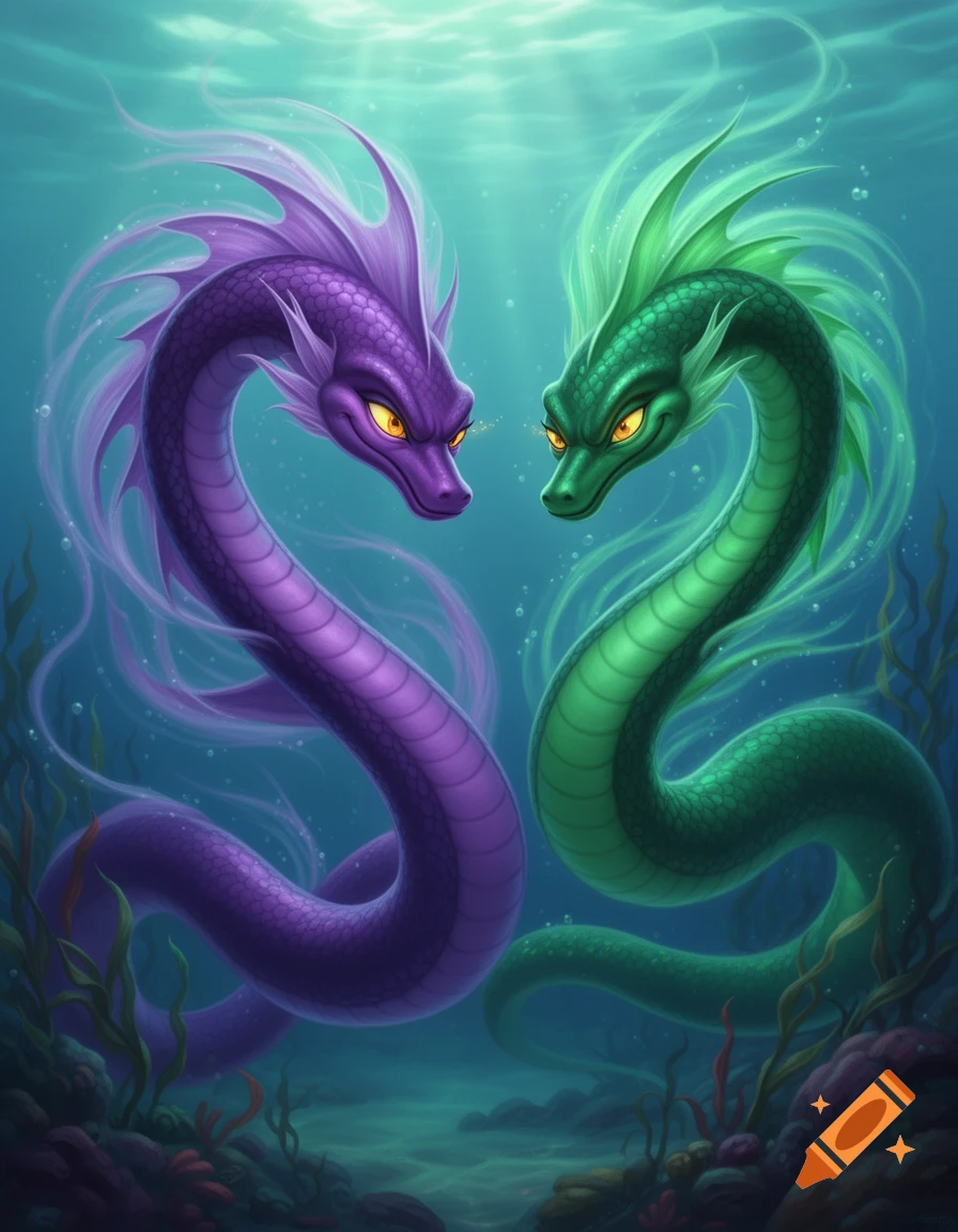 Two stylized eels, one purple and one green, with glowing yellow eyes, face each other underwater among seaweed.