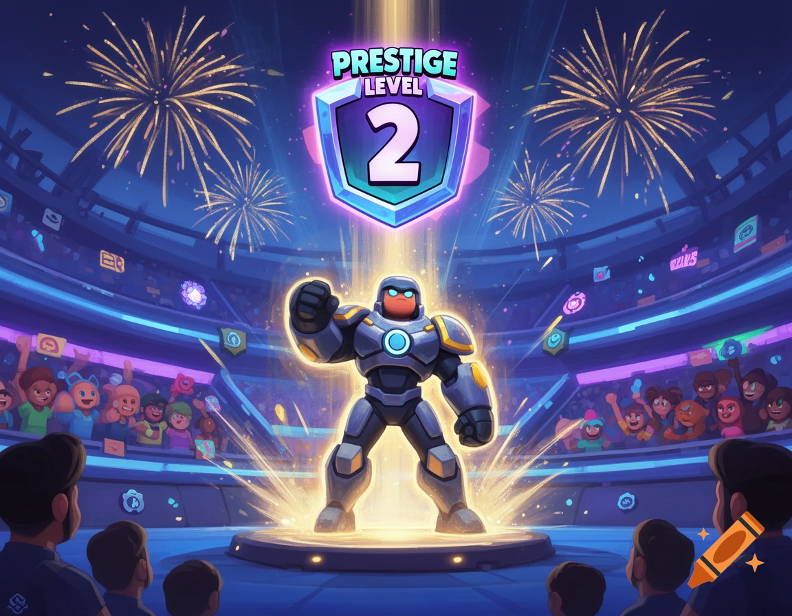 A cartoon robot stands on a stage in a stadium, with a 'PRESTIGE LEVEL 2' shield above, fireworks exploding, and an excited audience.