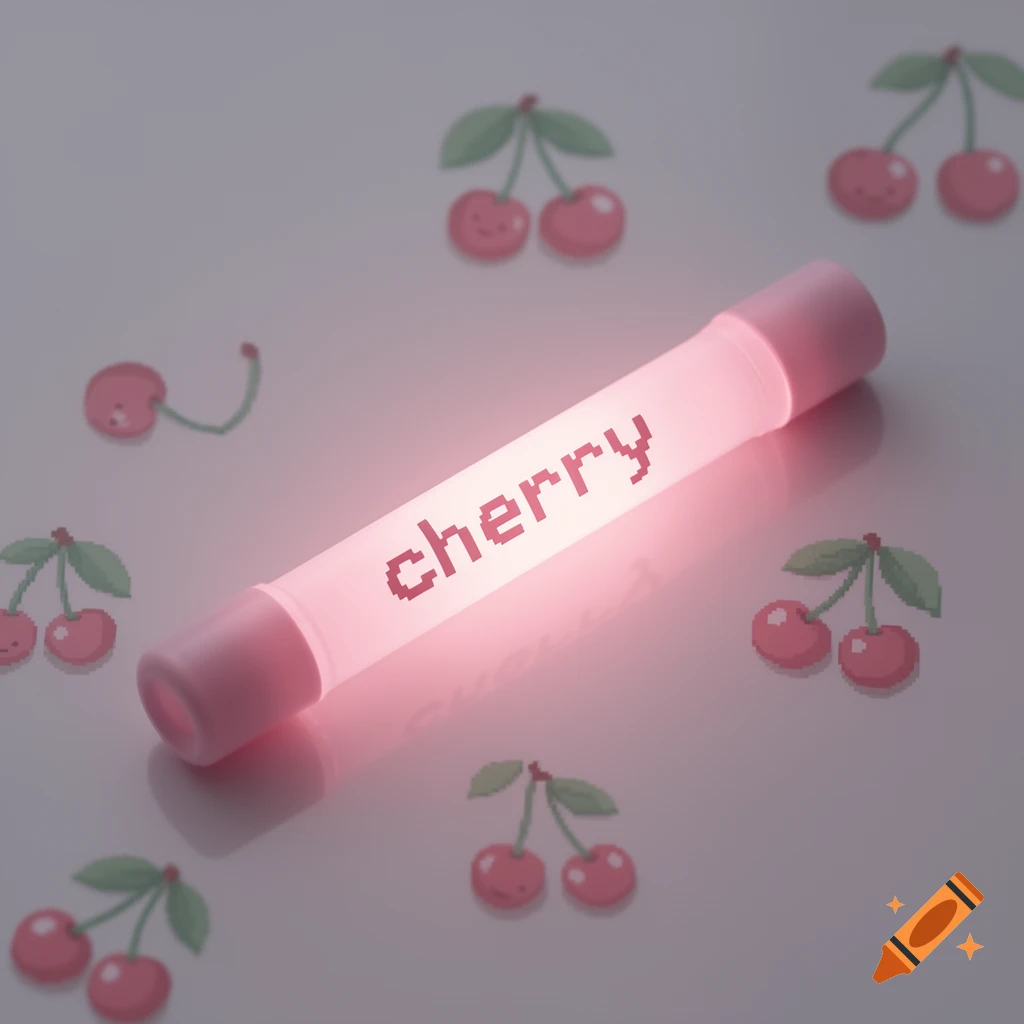 A glowing pink glowstick with 'cherry' in pixelated text, surrounded by pixelated cherries on a pastel background.