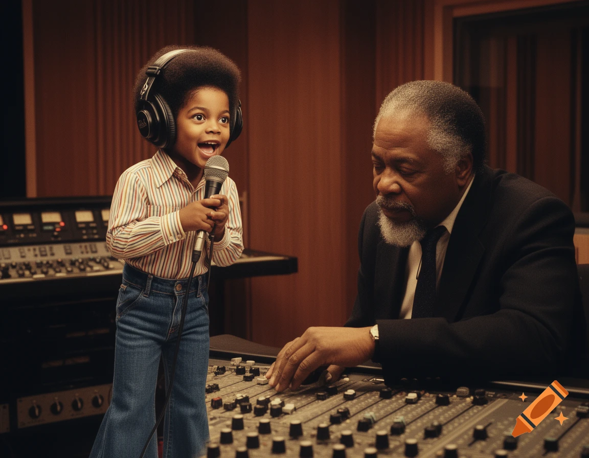 A young boy with headphones sings into a microphone, while an older man adjusts a mixing board in a recording studio.