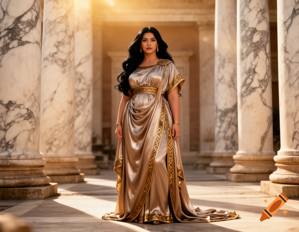 A beautiful woman with long black hair, in an elegant gold-trimmed Ancient Roman gown, stands among marble columns in warm golden light.