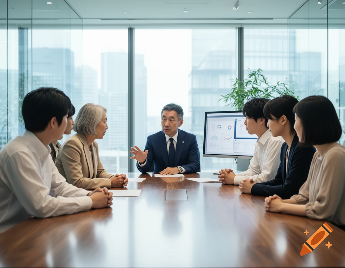 A diverse Japanese business team, including men and women of various ages, holds a meeting around a large wooden table in a modern, sunlit office with large windows overlooking a city.