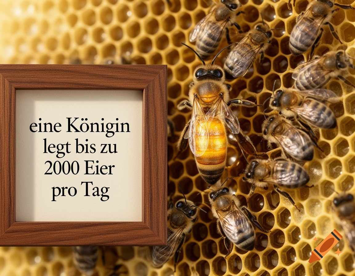 A queen bee and other bees on a honeycomb, with a framed sign stating 'eine K nigin legt bis zu 2000 Eier pro Tag'.