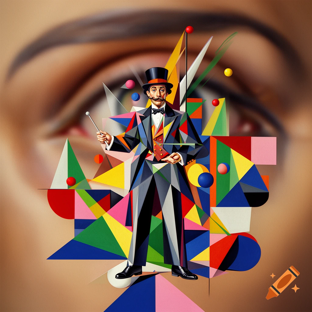 A cubist-style circus director in a top hat and suit, surrounded by colorful geometric shapes, against a blurred human eye background.