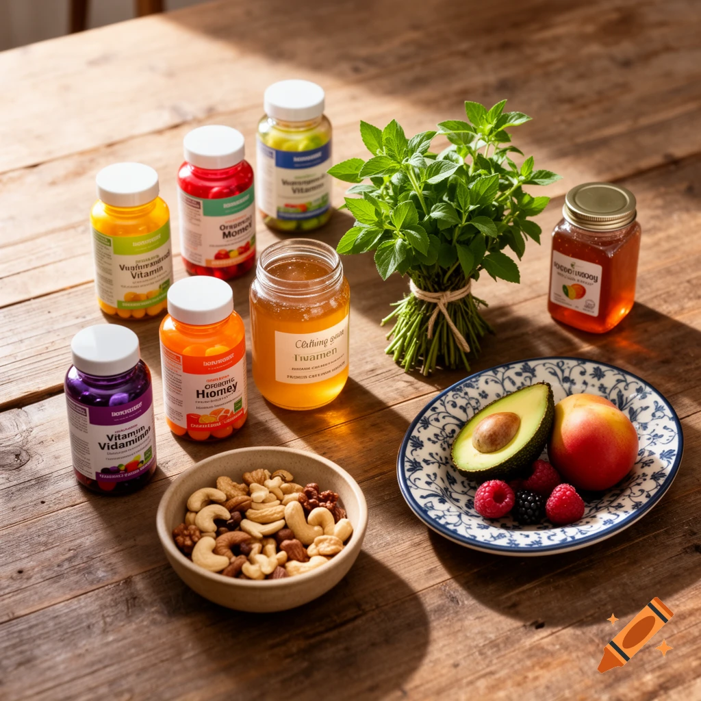 A rustic wooden table displays a curated collection of health food items, including colorful supplement bottles, jars of honey, a bowl of mixed nuts, a bunch of fresh mint, and a plate with a sliced avocado, a peach, and berries.