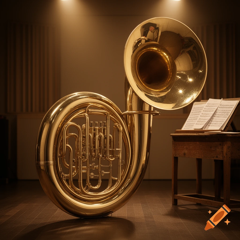 A golden sousaphone sits on a wooden floor in a warm, dimly lit room with a music stand and sheet music.