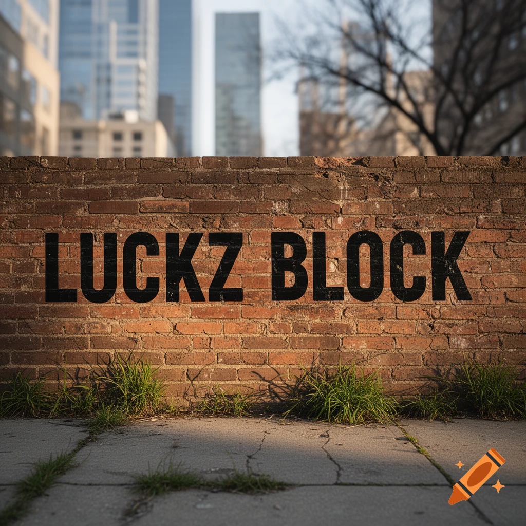 The text LUCKZ BLOCK painted in black on a brick wall, with a blurred city skyline in the background.