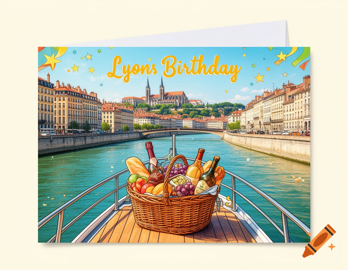 Illustrated birthday card with 'Lyon's Birthday' text, a picnic basket on a boat, and Lyon cityscape.