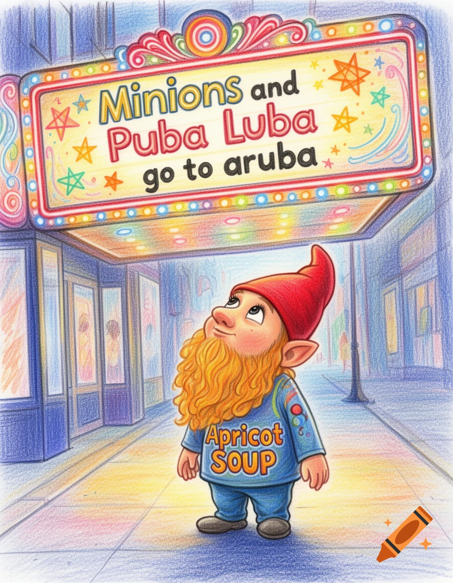A crayon drawing of a gnome with a red hat and orange beard, wearing an 'Apricot SOUP' shirt, looking up at a movie marquee on a city street. The marquee reads 'Minions and Puba Luba go to aruba'.