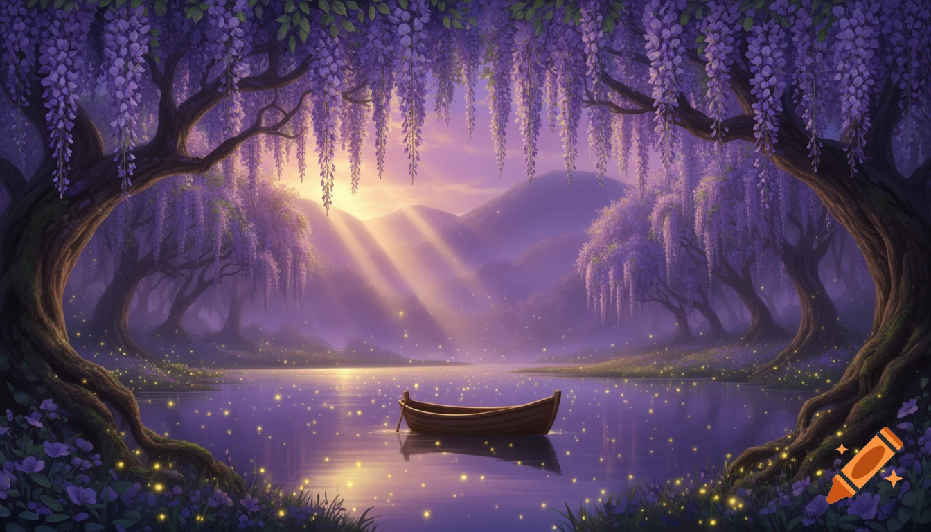 Enchanted wisteria forest at dusk with a boat on a lake reflecting sunbeams, surrounded by glowing fireflies and misty purple hills in a dreamy digital art style.
