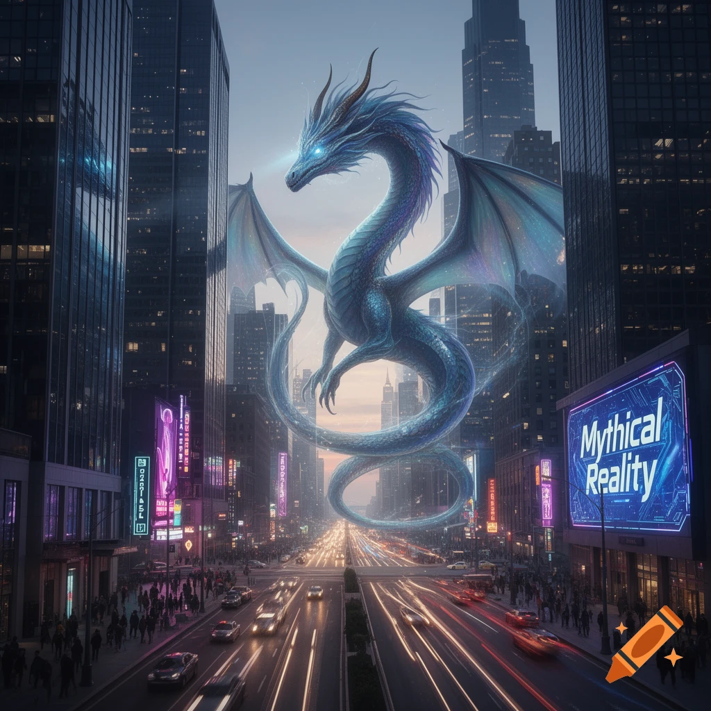 A giant glowing blue dragon with large wings flies over a busy city street at dusk, surrounded by tall skyscrapers with neon lights and streaking car lights.
