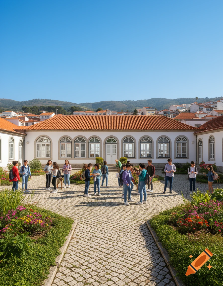 Students gather in a sunny school courtyard with a white building, red-tiled roofs, and distant hills under a clear blue sky.
