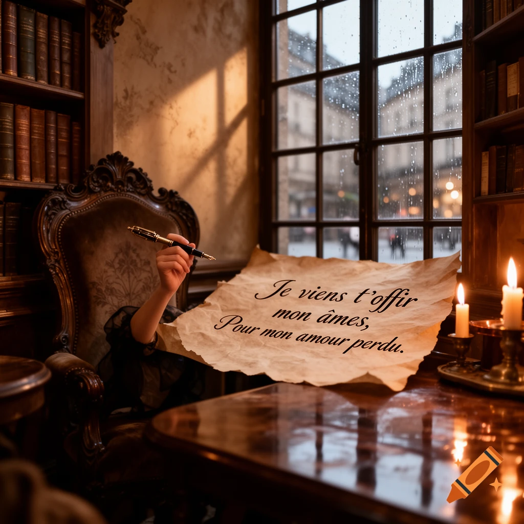 A hand writes with a quill on a scroll in a dimly lit, book-lined room with a rainy window.