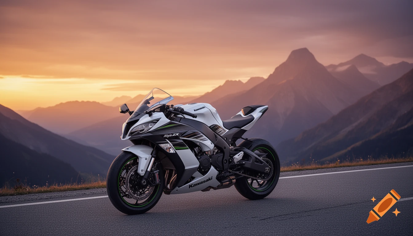 A white, black, and green Kawasaki Ninja ZX sports bike is parked on a mountain road at sunset, with distant mountains under an orange sky.