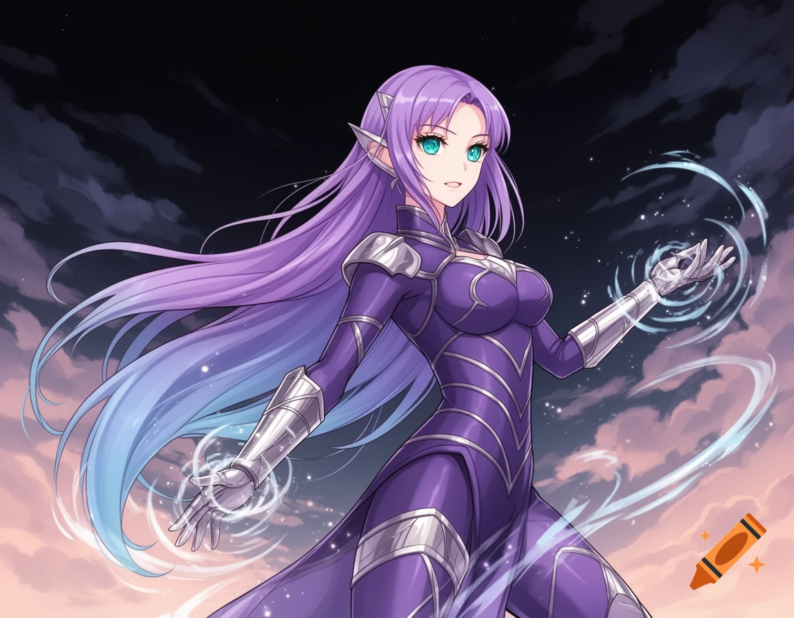 An anime female elf with purple ombre hair and green eyes, wearing a purple and silver armored suit, conjuring magic against a dusk sky.