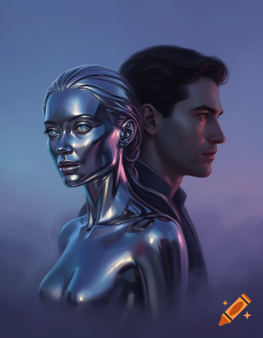 Digital art portrait of a chrome woman with blue eyes facing forward, back-to-back with a man in profile against a purple-blue background.