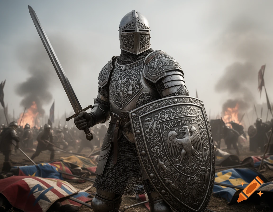 A medieval knight in ornate silver armor holds a sword and a shield with an eagle emblem on a smoky battlefield.