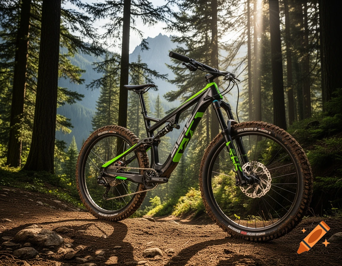 A black and neon green mountain bike with muddy tires on a dirt path in a sunlit forest.
