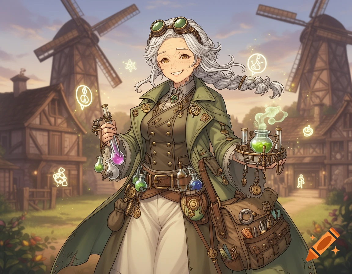 An elderly female alchemist with silver hair smiles, holding potions in a vibrant anime fantasy style, with windmills in the background.