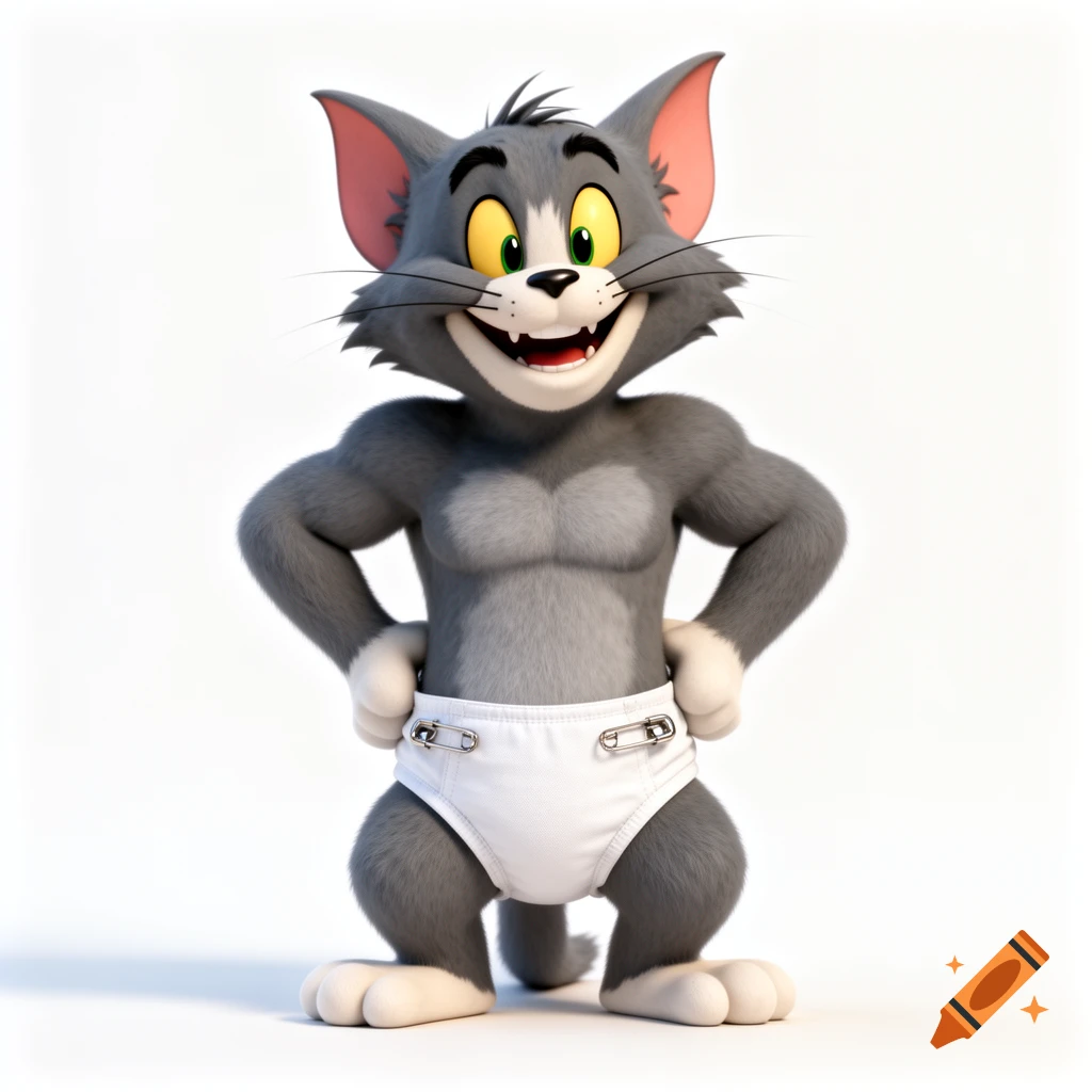 Tom, a muscular gray cat from Tom & Jerry, stands smiling with hands on hips, wearing a white cloth diaper with safety pins, against a white background.