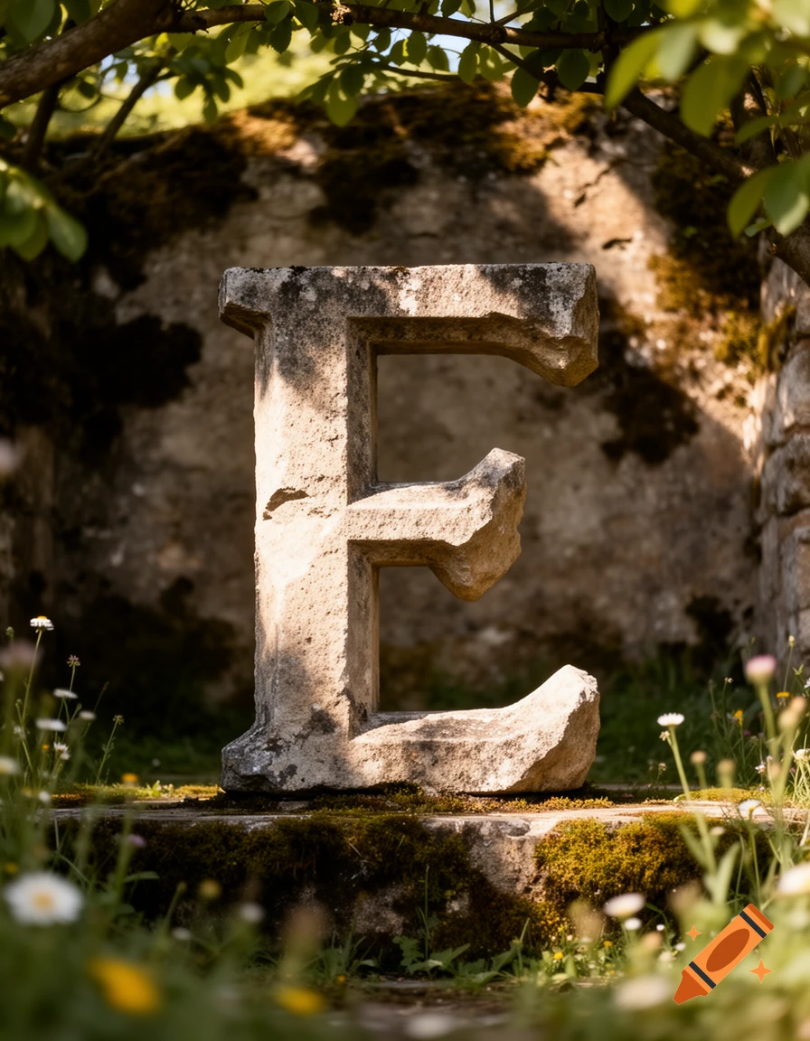 A large, weathered stone letter 'E' stands in a mossy ruin, surrounded by wildflowers and green foliage, under dappled sunlight.