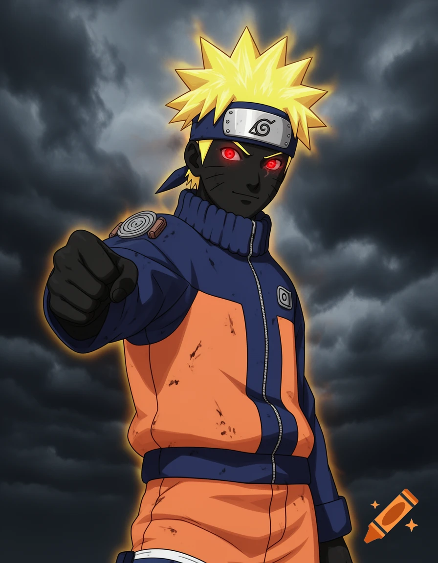 Anime character Naruto with black skin, red glowing eyes, and spiky yellow hair, wearing an orange and blue jacket and Konoha headband, pointing forward against a stormy sky.