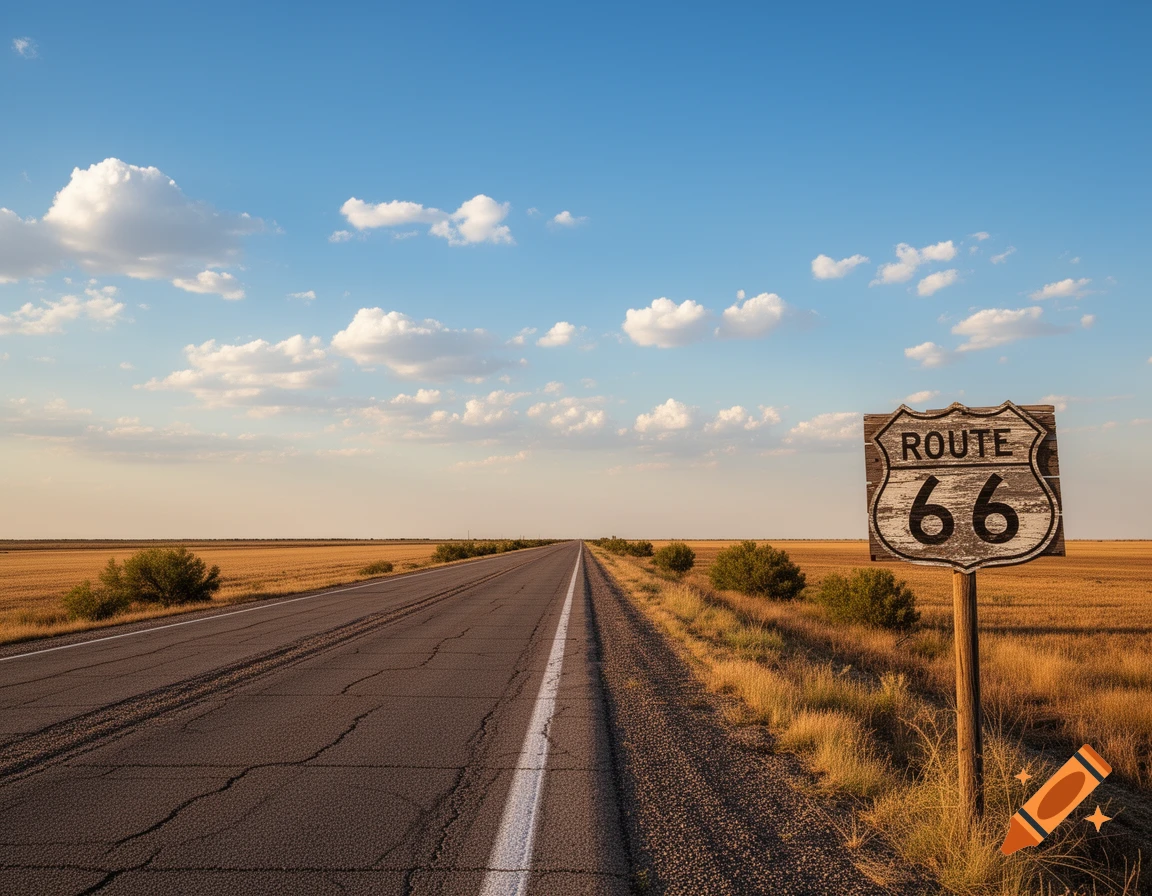 A photorealistic image of a 'ROUTE 66' sign beside a straight road through a golden, arid landscape under a blue sky.
