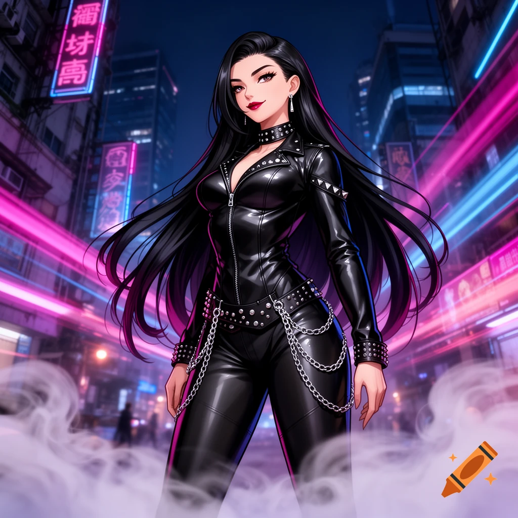 Anime-style woman with long black hair wears a black leather outfit with studs and chains on a neon-lit urban street.