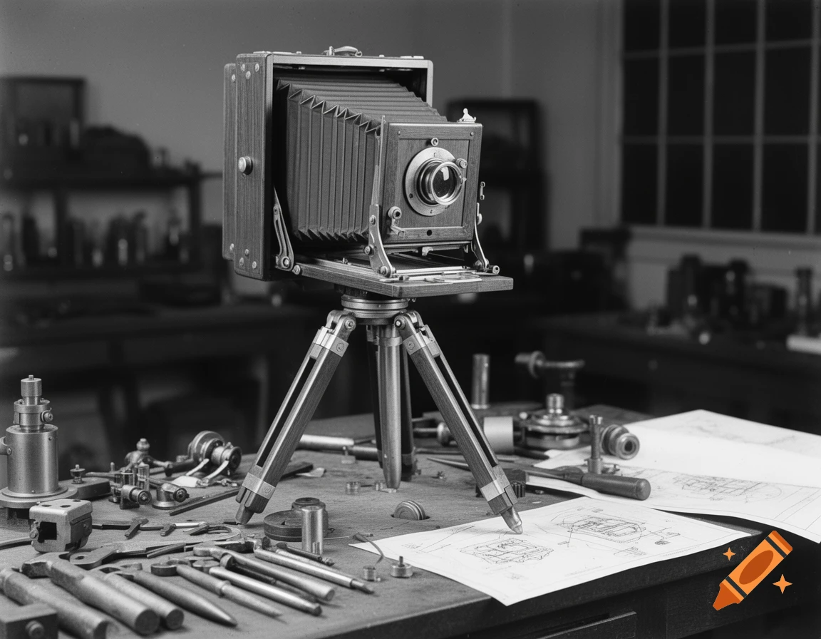 Black and white photograph of a vintage large format camera on a tripod, surrounded by tools and blueprints on a workbench.