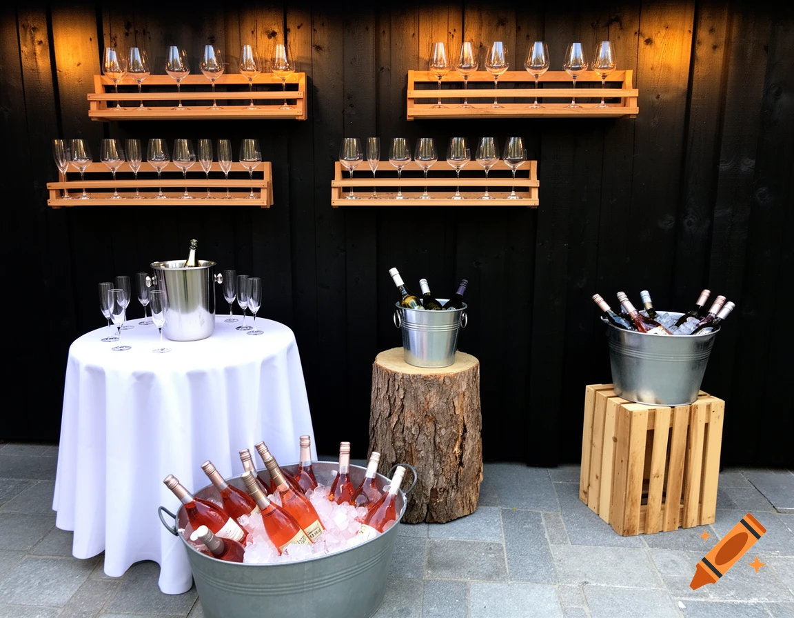 Outdoor event setup with a white-clothed table holding a champagne cooler and glasses. Buckets of rosé and other wine bottles on ice are on the ground and wooden stands. Wooden shelves with various wine glasses hang on a dark wooden wall.