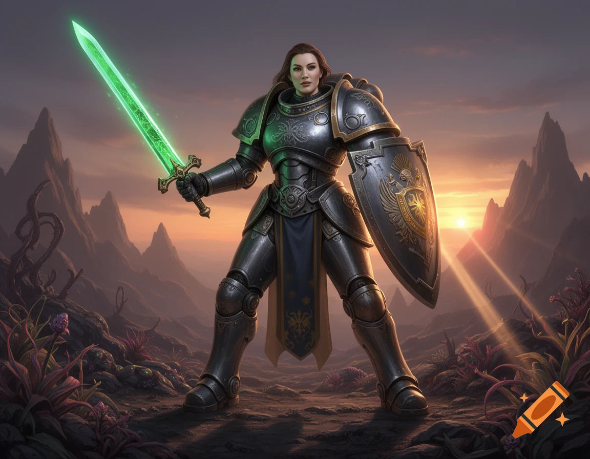 A female warrior in grey power armor holds a glowing green sword and a shield, standing on a rocky alien landscape at sunset.