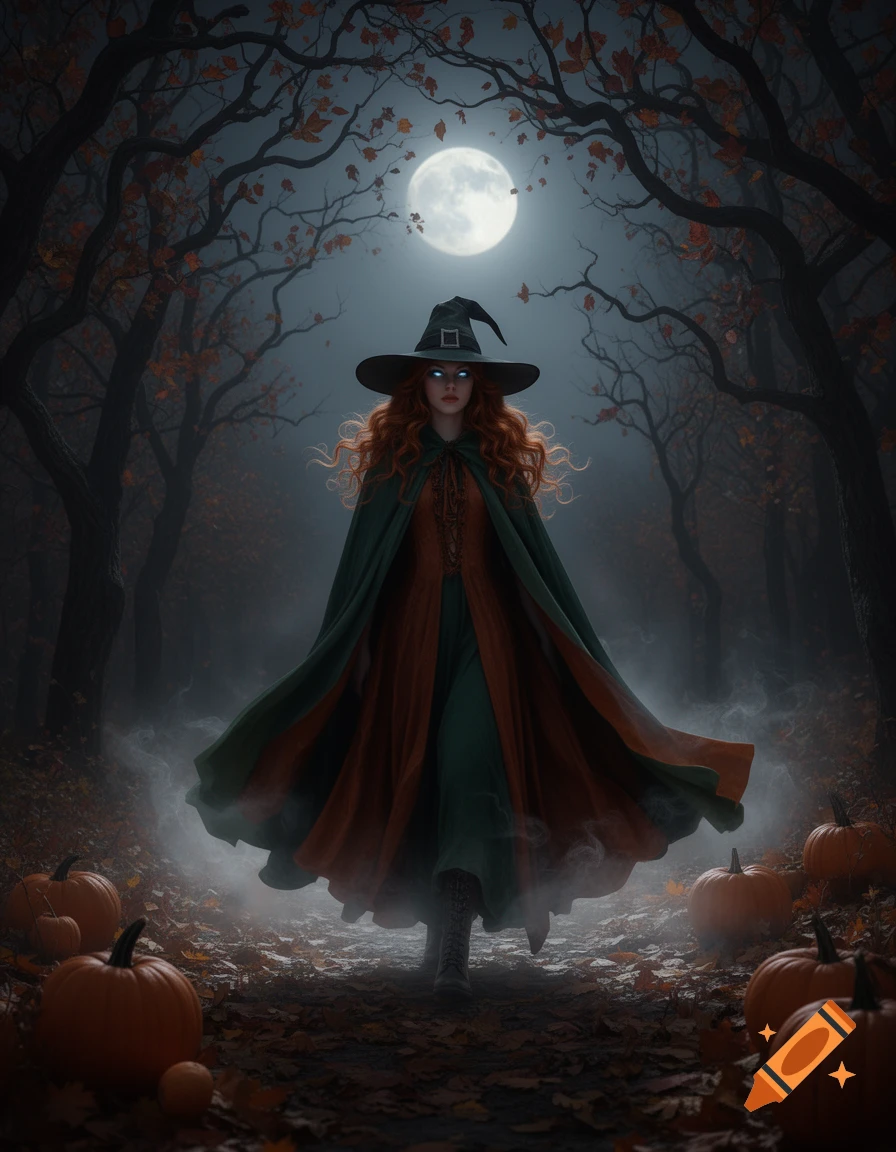 A red-haired witch with glowing eyes walks through a misty autumn forest with pumpkins under a full moon, dark fantasy art.