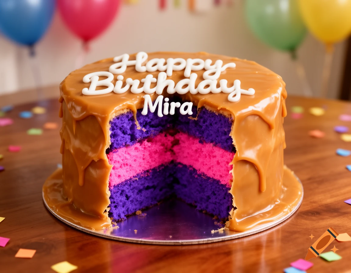 A round birthday cake with a slice removed, revealing vibrant purple and pink layers inside. The cake is covered in light brown caramel frosting with white icing spelling "Happy Birthday Mira" on top. Colorful balloons and confetti are in the blurred background.