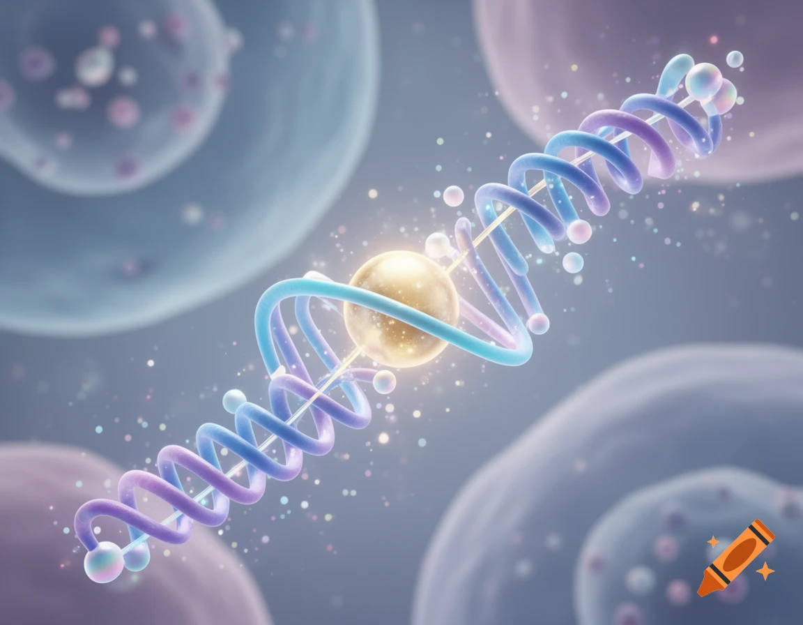 A glowing golden sphere at the center of a blue and purple double-helix structure, surrounded by particles, against a blurry background.
