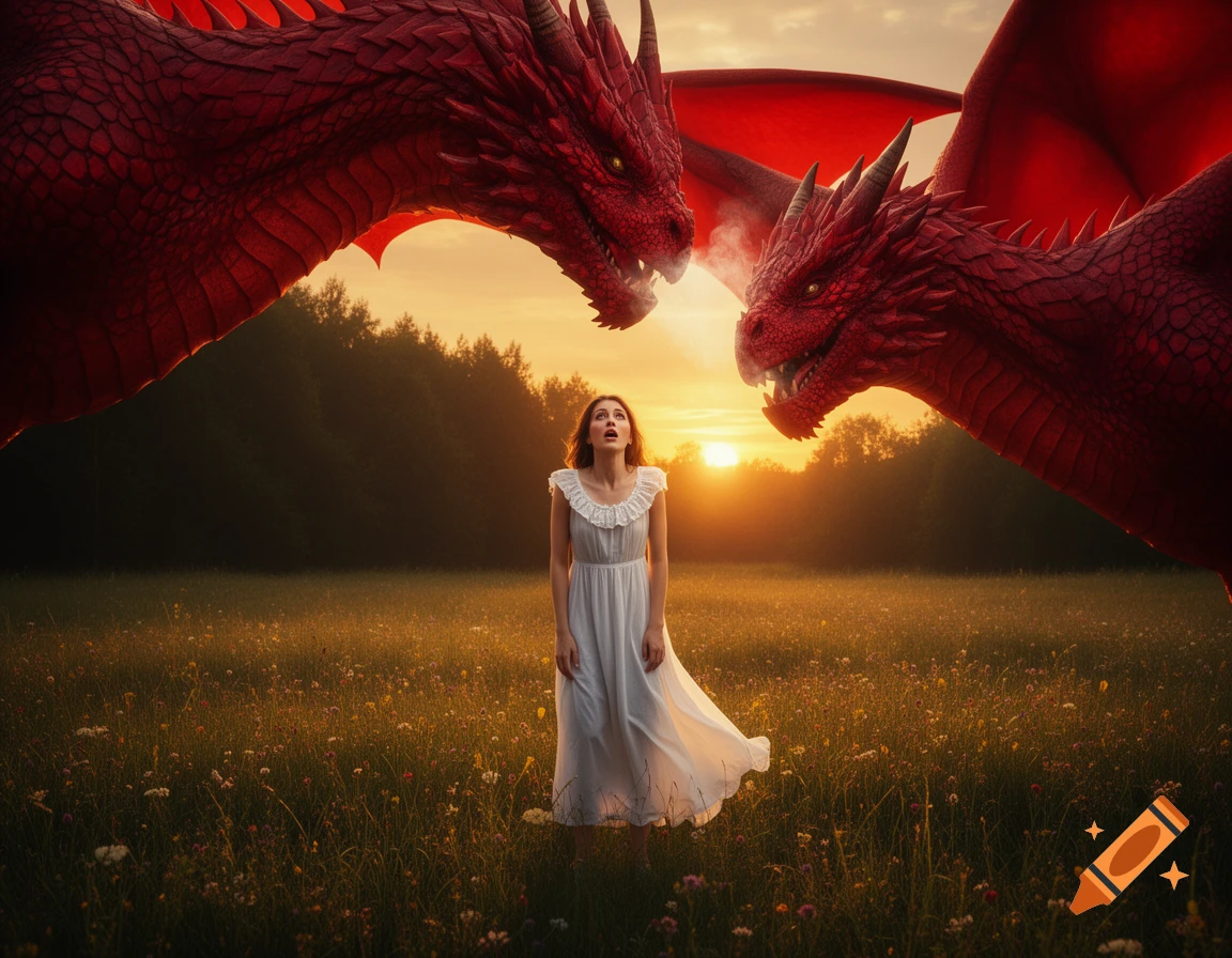A frightened woman in a white dress looks up at two red dragons in a field at sunset, photorealistic.