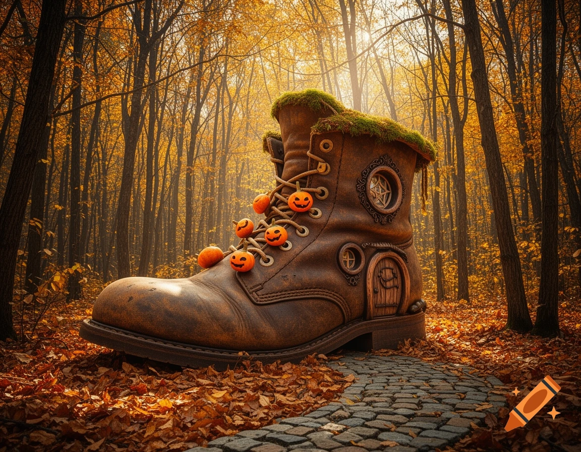 A whimsical boot-shaped house adorned with mini pumpkins sits on a cobblestone path in a vibrant autumn forest.