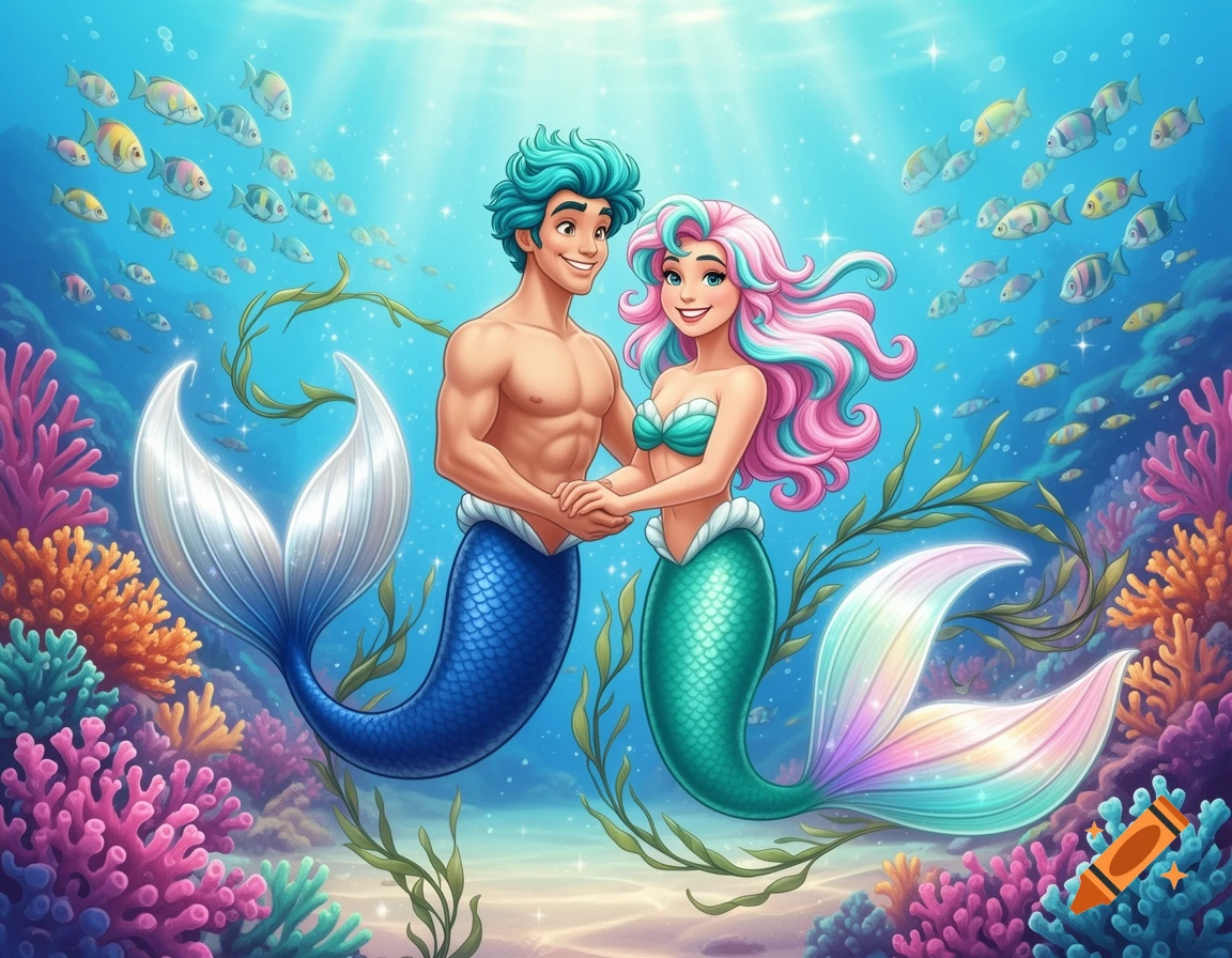 Cartoon male and female mermaid couple holding hands underwater in a vibrant coral reef with fish.