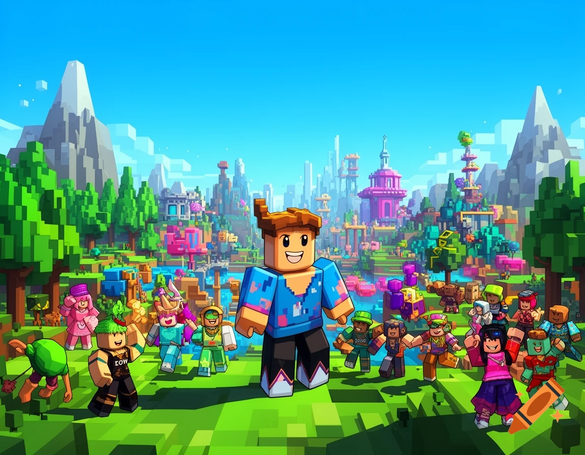 A large group of blocky, cartoon-style characters similar to Roblox avatars stand in a vibrant, pixelated world with mountains and colorful buildings.
